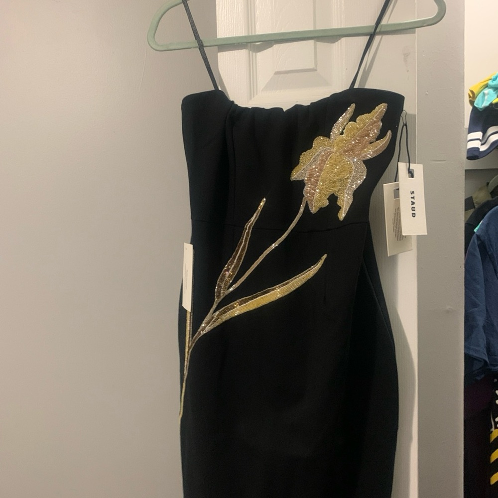 STAUD Black Backless Dress with Gold Floral Design